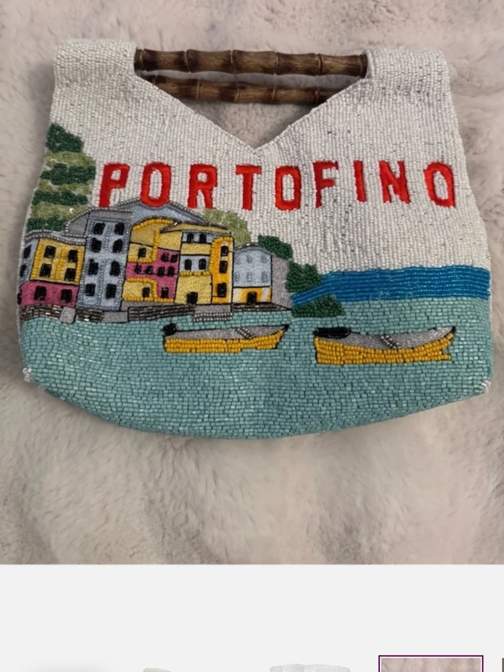 NWT Portofino Embroidered Beaded Clutch with Bamboo Handle - Cream & Multicolor